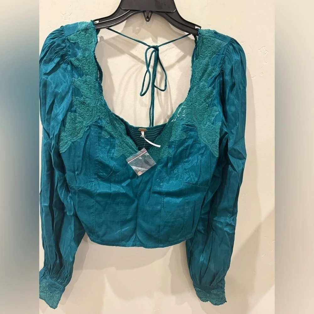 New Free People Janelle Lace Top in Green Jade SZ S 🔥🔥🔥